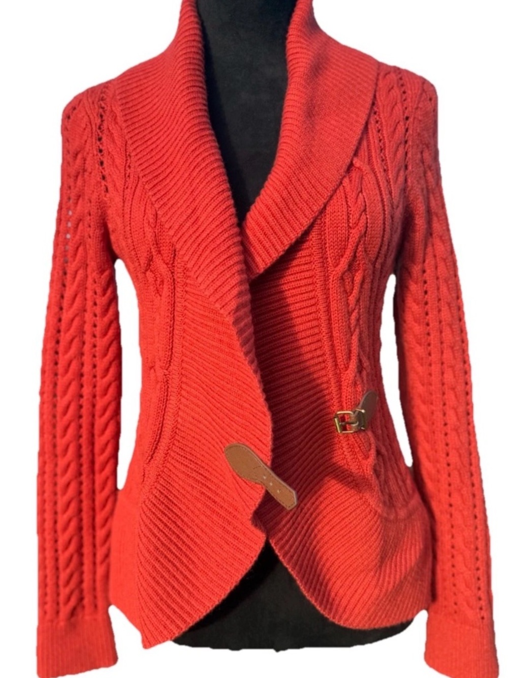 Talbots Rustic Orange Cable Knit Cardigan Buckle Shawl Collar Small - Picture 1 of 14
